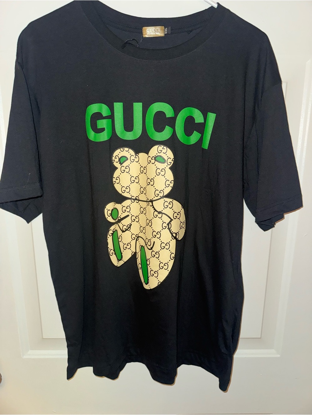 Gucci Black Tee with Green Logo and Beige Monogram Teddy